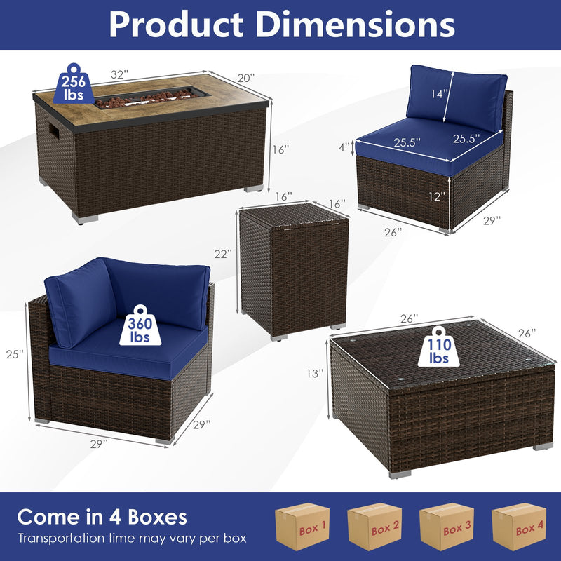 7 Pieces Outdoor Furniture Set with 32 Inch Fire Pit Table and Propane Tank Cover-Navy