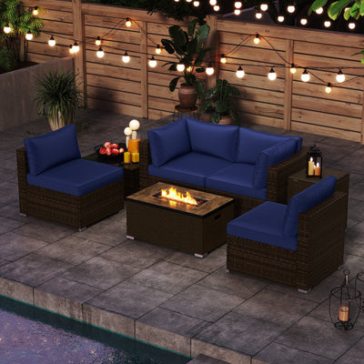 7 Pieces Outdoor Furniture Set with 32 Inch Fire Pit Table and Propane Tank Cover-Navy