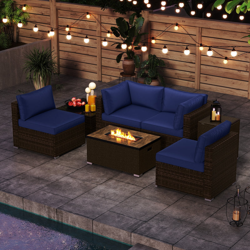 7 Pieces Outdoor Furniture Set with 32 Inch Fire Pit Table and Propane Tank Cover-Navy