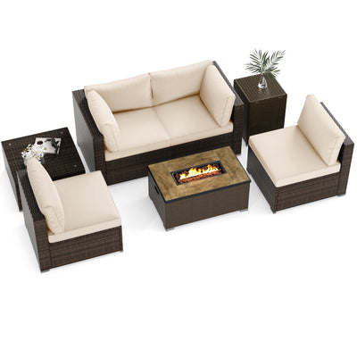 7 Pieces Outdoor Furniture Set with 32 Inch Fire Pit Table and Propane Tank Cover-White