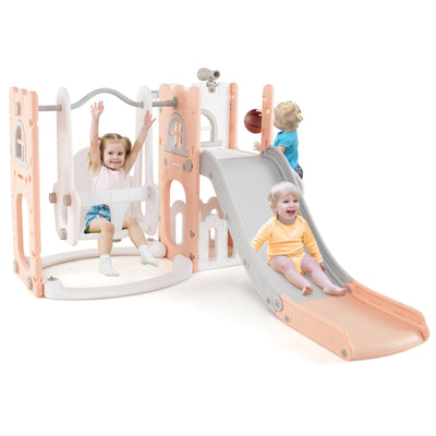7-in-1 Toddler Swing and Slide Set L-shaped with Ladder and Basketball Hoop-Pink