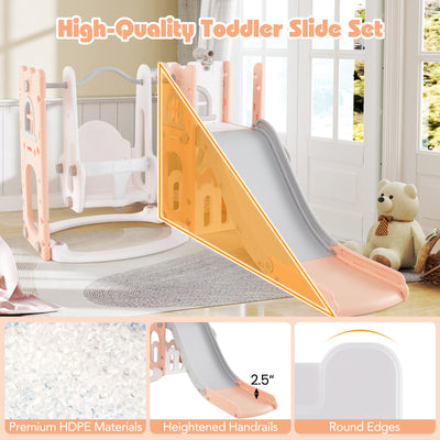 7-in-1 Toddler Swing and Slide Set L-shaped with Ladder and Basketball Hoop-Pink