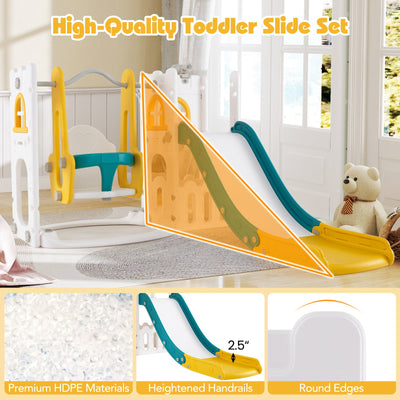 7-in-1 Toddler Swing and Slide Set L-shaped with Ladder and Basketball Hoop-Yellow