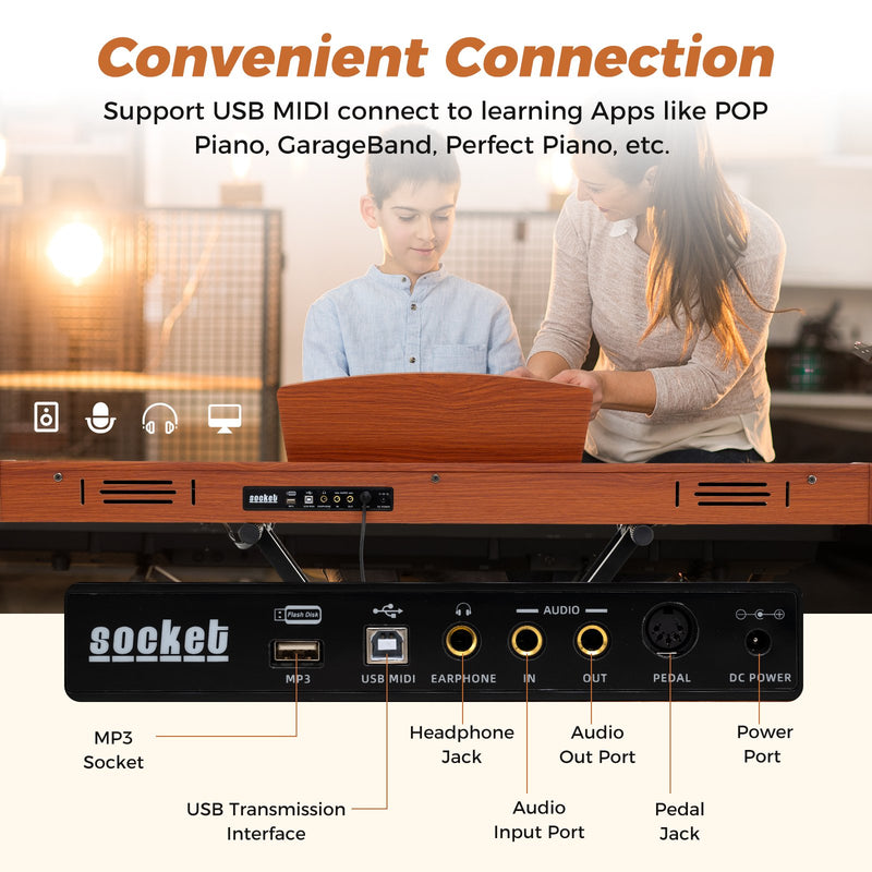 88-Key Keyboard Piano Set with Adjustable Stand-Brown