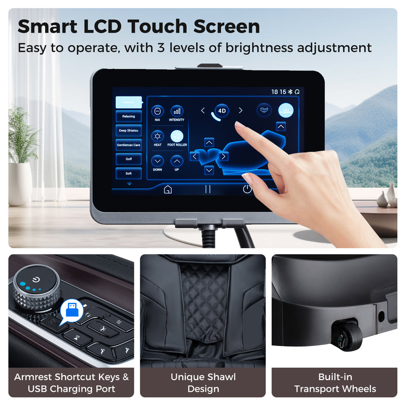 Mega Sale-Costway-4D SL-Track Full Body Massage Chair w/ Zero-Gravity Design, Heated Shawl, Neck & Back & Feet Heater, Calf & Foot Rollers,Magic Calf Rollers, Voice Control, Yoga Stretching, Smart Body Scanning, Touch Screen, Blue-tooth Speaker