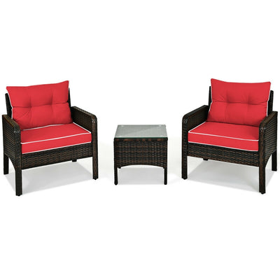 3 Pcs Outdoor Patio Rattan Conversation Set with Seat Cushions-Red