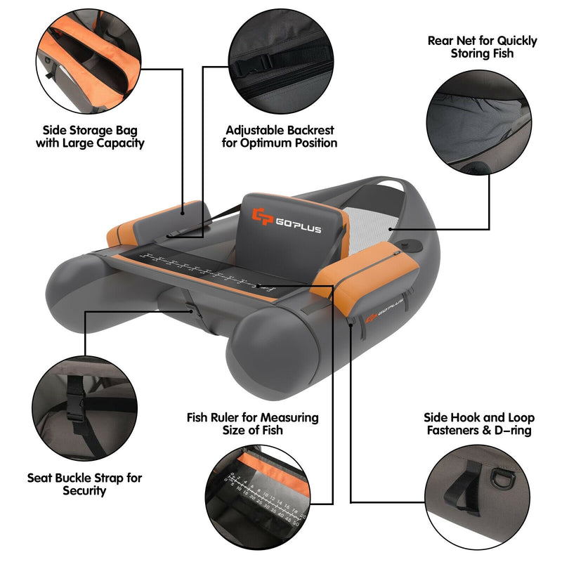 *Inflatable Fishing Float Tube with Pump Storage Pockets and Fish Ruler - Gray