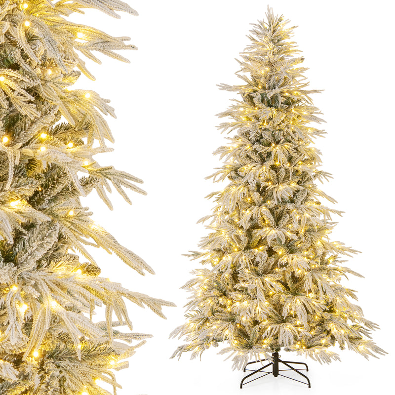 8 Feet Snow-flocked Artificial Christmas Tree Pre-lit Hinged Xmas Tree with Warm White LED Lights