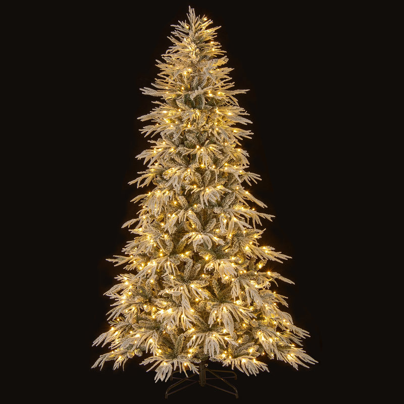 8 Feet Snow-flocked Artificial Christmas Tree Pre-lit Hinged Xmas Tree with Warm White LED Lights
