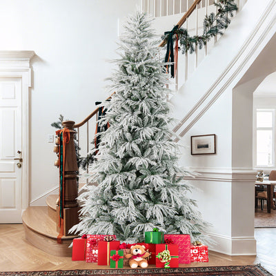 8 Feet Snow-flocked Artificial Christmas Tree Pre-lit Hinged Xmas Tree with Warm White LED Lights