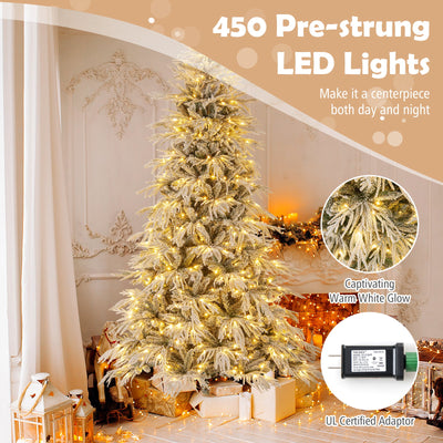 8 Feet Snow-flocked Artificial Christmas Tree Pre-lit Hinged Xmas Tree with Warm White LED Lights