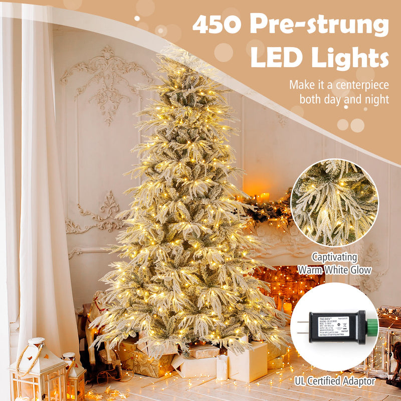 8 Feet Snow-flocked Artificial Christmas Tree Pre-lit Hinged Xmas Tree with Warm White LED Lights