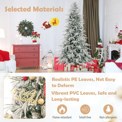 8 Feet Snow-flocked Artificial Christmas Tree Pre-lit Hinged Xmas Tree with Warm White LED Lights