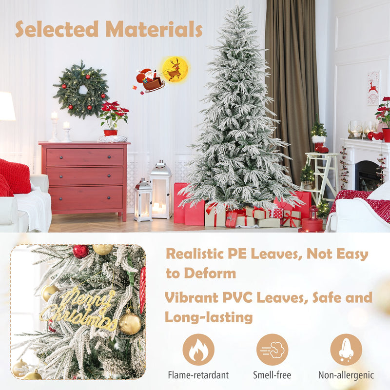 8 Feet Snow-flocked Artificial Christmas Tree Pre-lit Hinged Xmas Tree with Warm White LED Lights