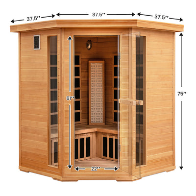 NEW 2025 MODEL - COSTWAY Far Infrared Corner Sauna, 3-5 Person Canadian Hemlock Indoor Sauna Spa Room w/ Carbon &amp; Mica Heaters, Near-Infrared &amp; Red Light Therapy Panel, Chromotherapy Lights, Speakers, Tempered Glass Door