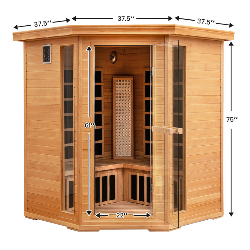 NEW 2025 MODEL - COSTWAY Far Infrared Corner Sauna, 3-5 Person Canadian Hemlock Indoor Sauna Spa Room w/ Carbon &amp; Mica Heaters, Near-Infrared &amp; Red Light Therapy Panel, Chromotherapy Lights, Speakers, Tempered Glass Door