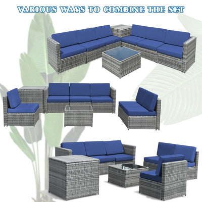 8 Piece Wicker Sofa Rattan Dinning Set Patio Furniture with Storage Table-Navy