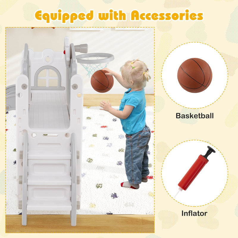 9-in-1 Toddler Slide L-Shaped with Basketball Hoop and Steering Wheel-Gray