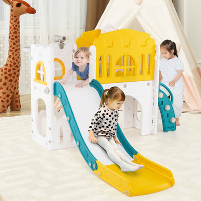 9-in-1 Toddler Slide L-Shaped with Basketball Hoop and Steering Wheel-Yellow