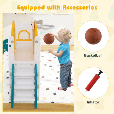 9-in-1 Toddler Slide L-Shaped with Basketball Hoop and Steering Wheel-Yellow