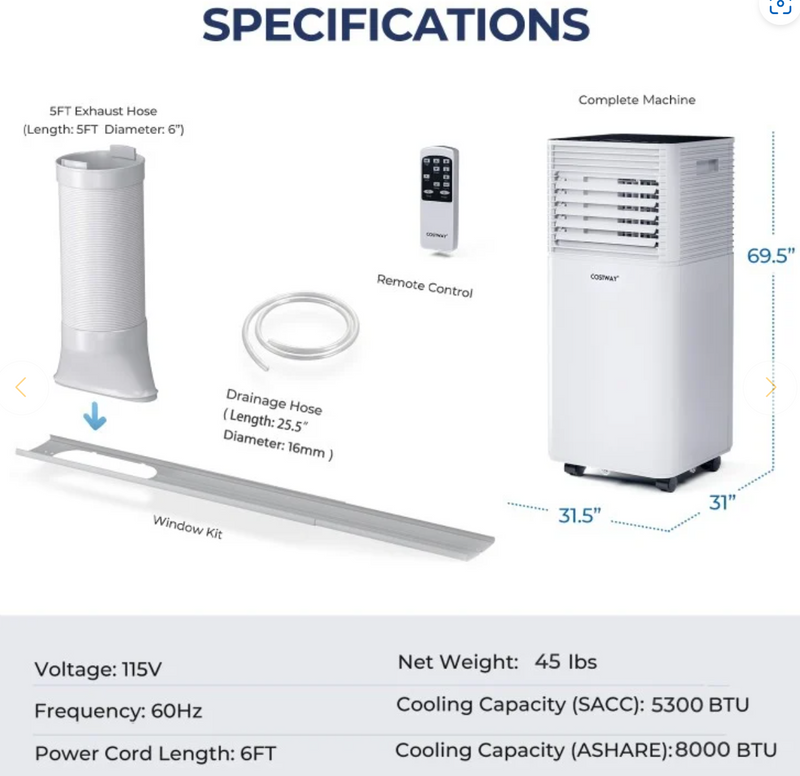 *8000 BTU(Ashrae) 3-in-1 Air Conditioner with Dehumidifier and Fan Mode - Black