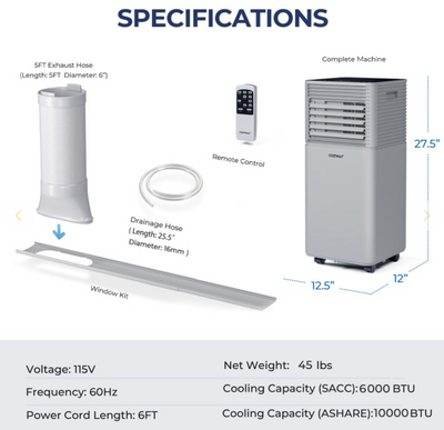 *10000 BTU(Ashrae) Portable Air Cooler with Fan and Dehumidifier Mode - Gray