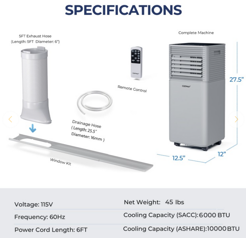 *10000 BTU(Ashrae) Portable Air Cooler with Fan and Dehumidifier Mode - Gray