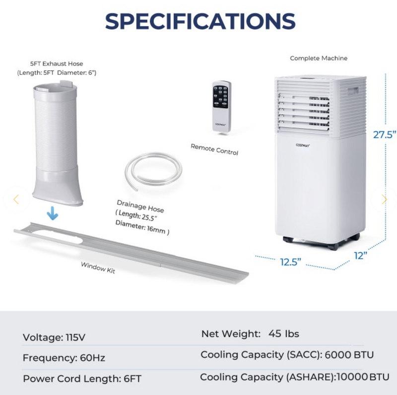 *10000 BTU(Ashrae) Portable Air Cooler with Fan and Dehumidifier Mode - White