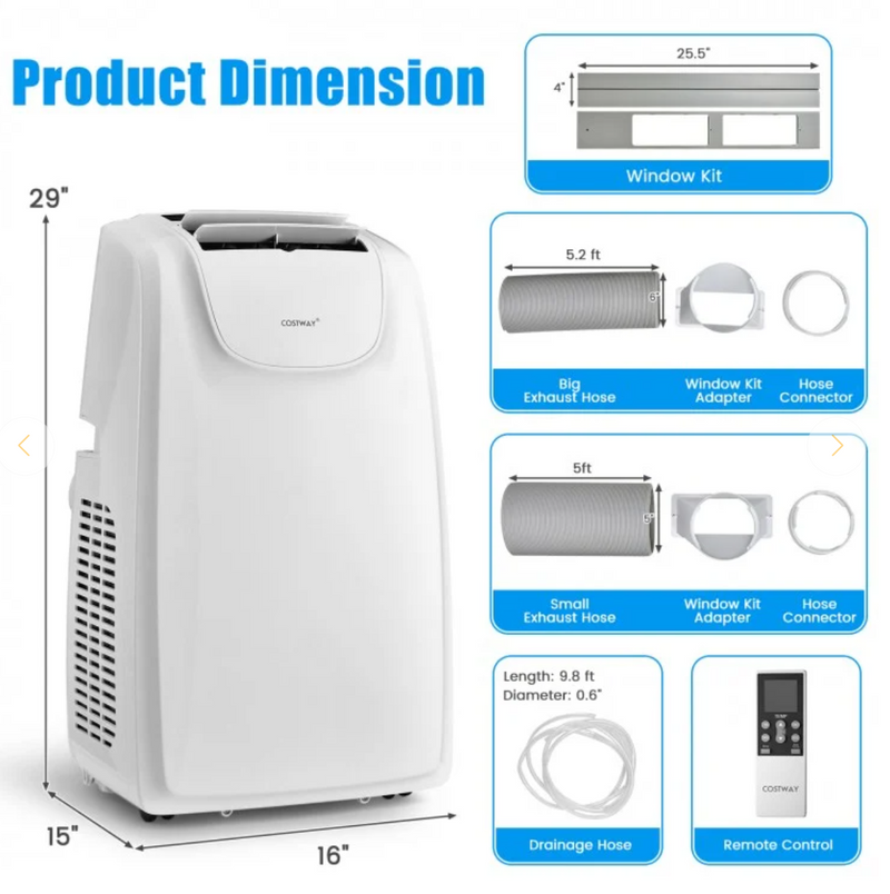 *12000 BTU(Ashrae) Dual Hose Portable Air Conditioner with Remote Control - White