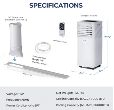 *10000 BTU(Ashrae) Portable Air Cooler with Fan and Dehumidifier Mode - Black
