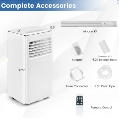 *8000 BTU Portable Air Conditioner 3-in-1 AC Unit with Cool Dehum Fan Sleep Mode - White