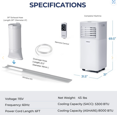 *8000 BTU(Ashrae) 3-in-1 Air Cooler with Dehumidifier and Fan Mode - White