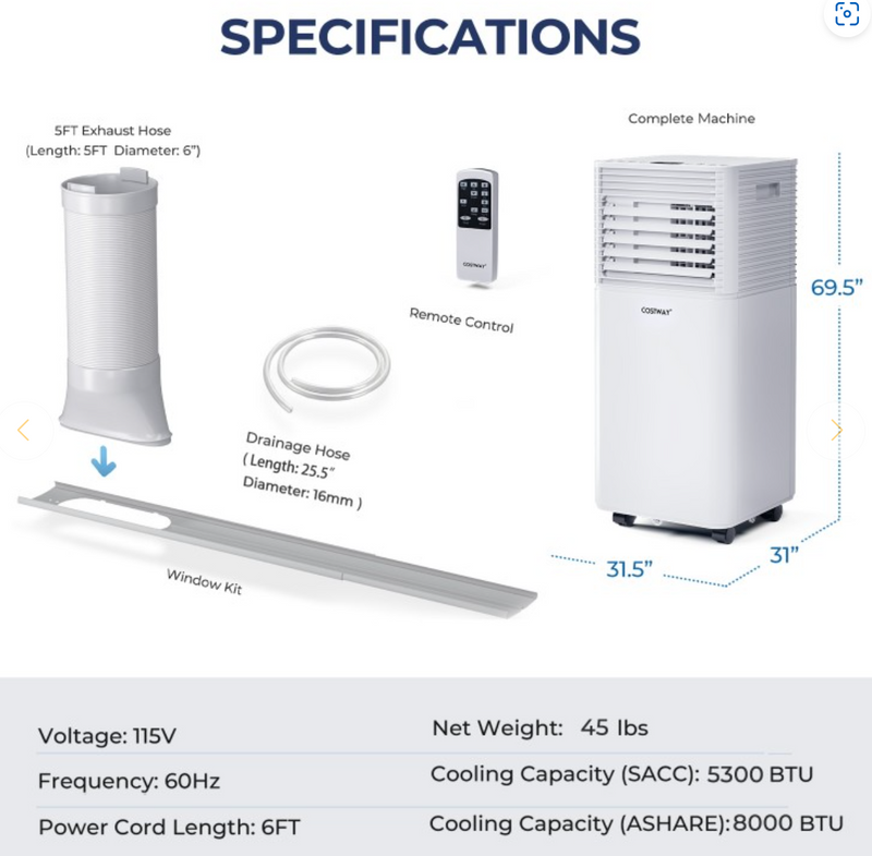 *8000 BTU(Ashrae) 3-in-1 Air Cooler with Dehumidifier and Fan Mode - White