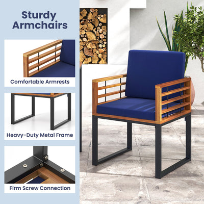 Acacia Wood Outdoor Dining Chairs Set of 2 with Soft Cushions-Navy
