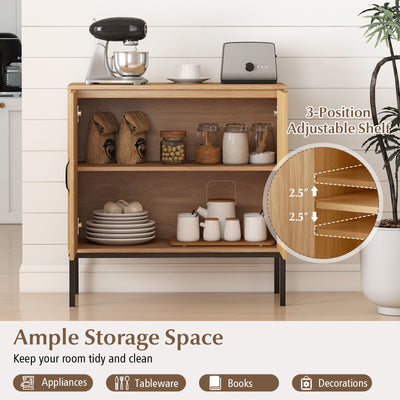 Boho Storage Cabinet with Asymmetrical Pattern Doors for Kitchen-Natural