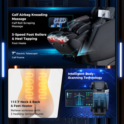 Mega Sale-Costway-4D SL-Track Full Body Massage Chair w/ Zero-Gravity Design, Heated Shawl, Neck & Back & Feet Heater, Calf & Foot Rollers,Magic Calf Rollers, Voice Control, Yoga Stretching, Smart Body Scanning, Touch Screen, Blue-tooth Speaker