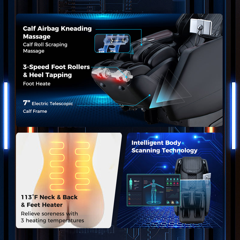 Mega Sale-Costway-4D SL-Track Full Body Massage Chair w/ Zero-Gravity Design, Heated Shawl, Neck & Back & Feet Heater, Calf & Foot Rollers,Magic Calf Rollers, Voice Control, Yoga Stretching, Smart Body Scanning, Touch Screen, Blue-tooth Speaker