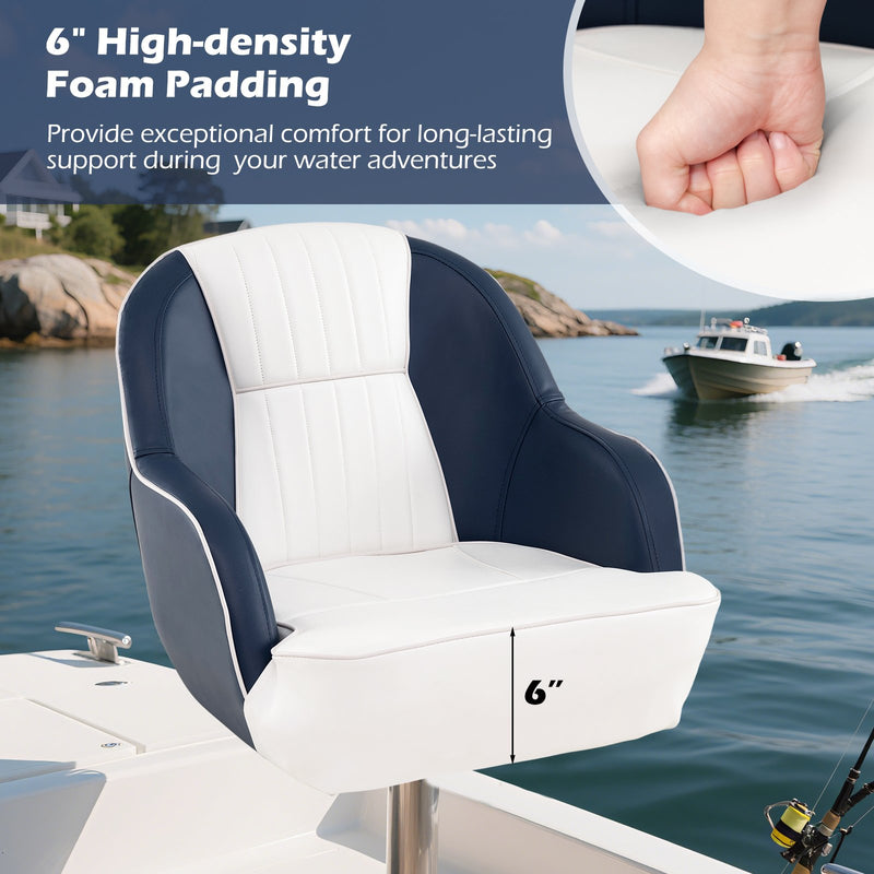 Captain Bucket Seat Pontoon Boat Chair with PVC Leather and Armrests-Blue
