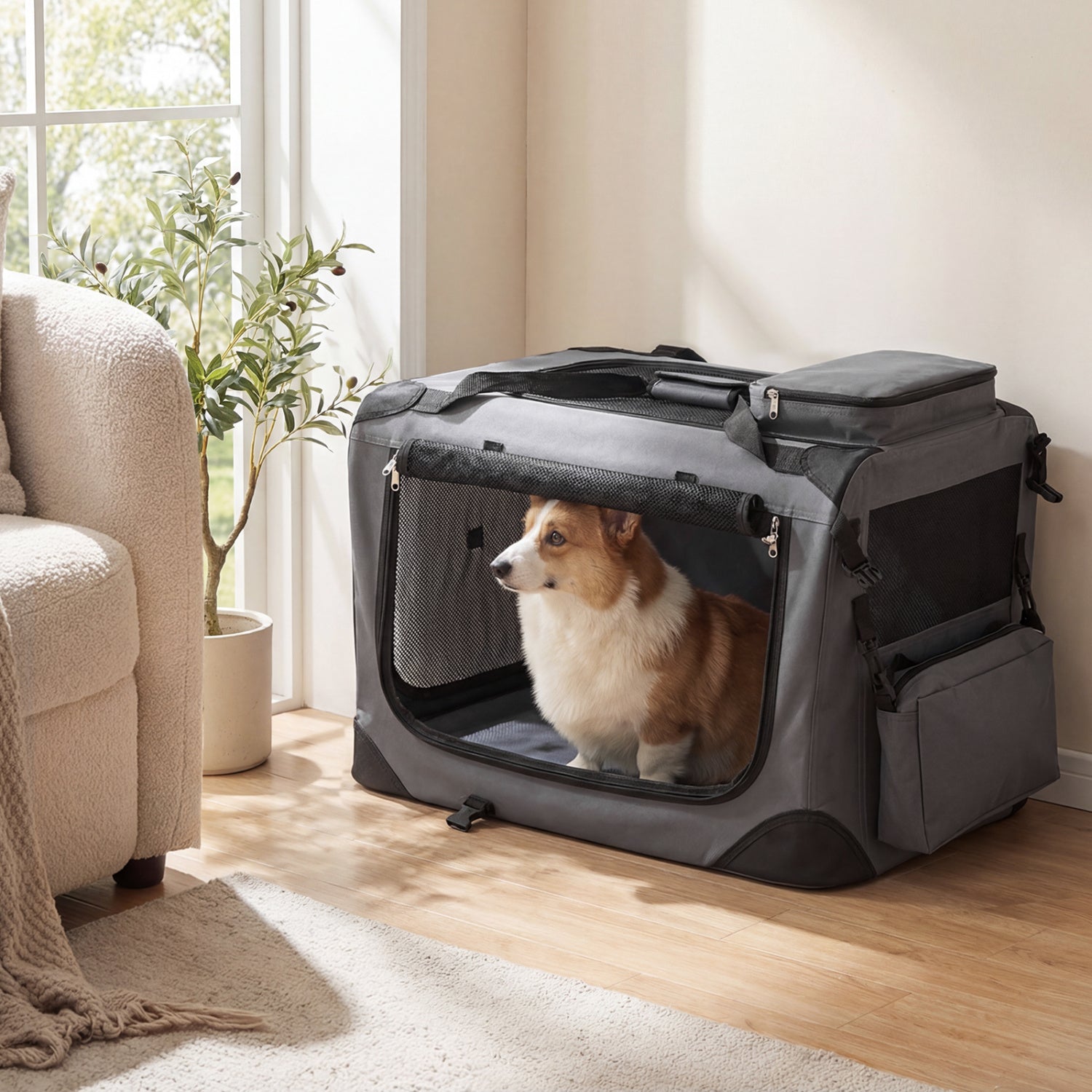 Collapsible Soft Dog Crate Travel Crate with Mesh Windows and 3 Doors-
