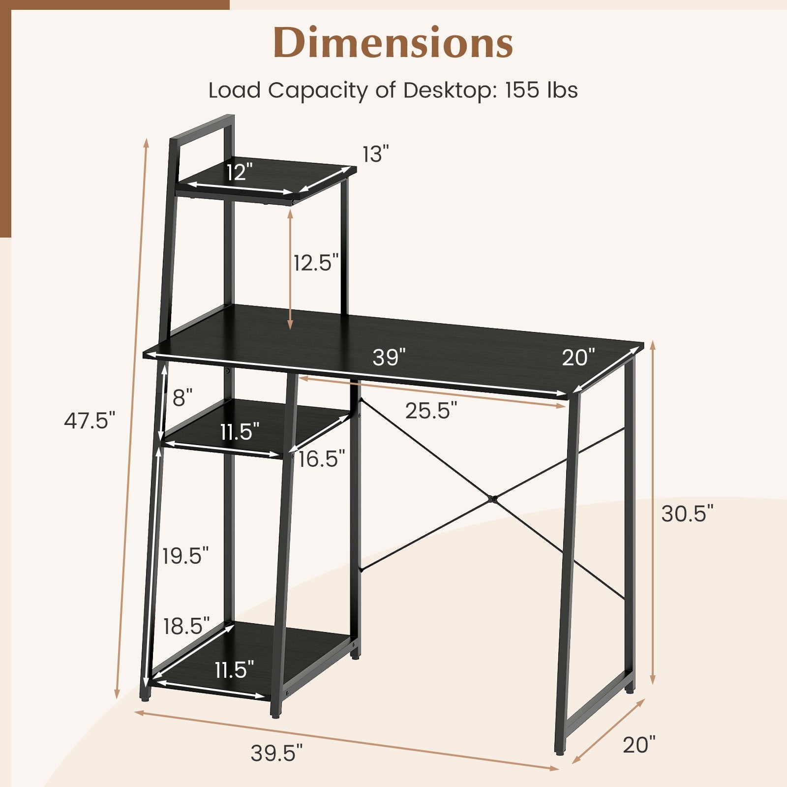 3 Level Computer Desk Computer Desk with Shelves and 3-Tier Storage Bookshelf-Black | Relaxacare