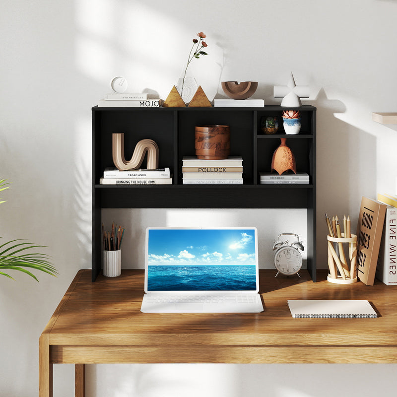 Computer Desktop Bookcase with 4 Cubbies and Open Back Compartment-Bla