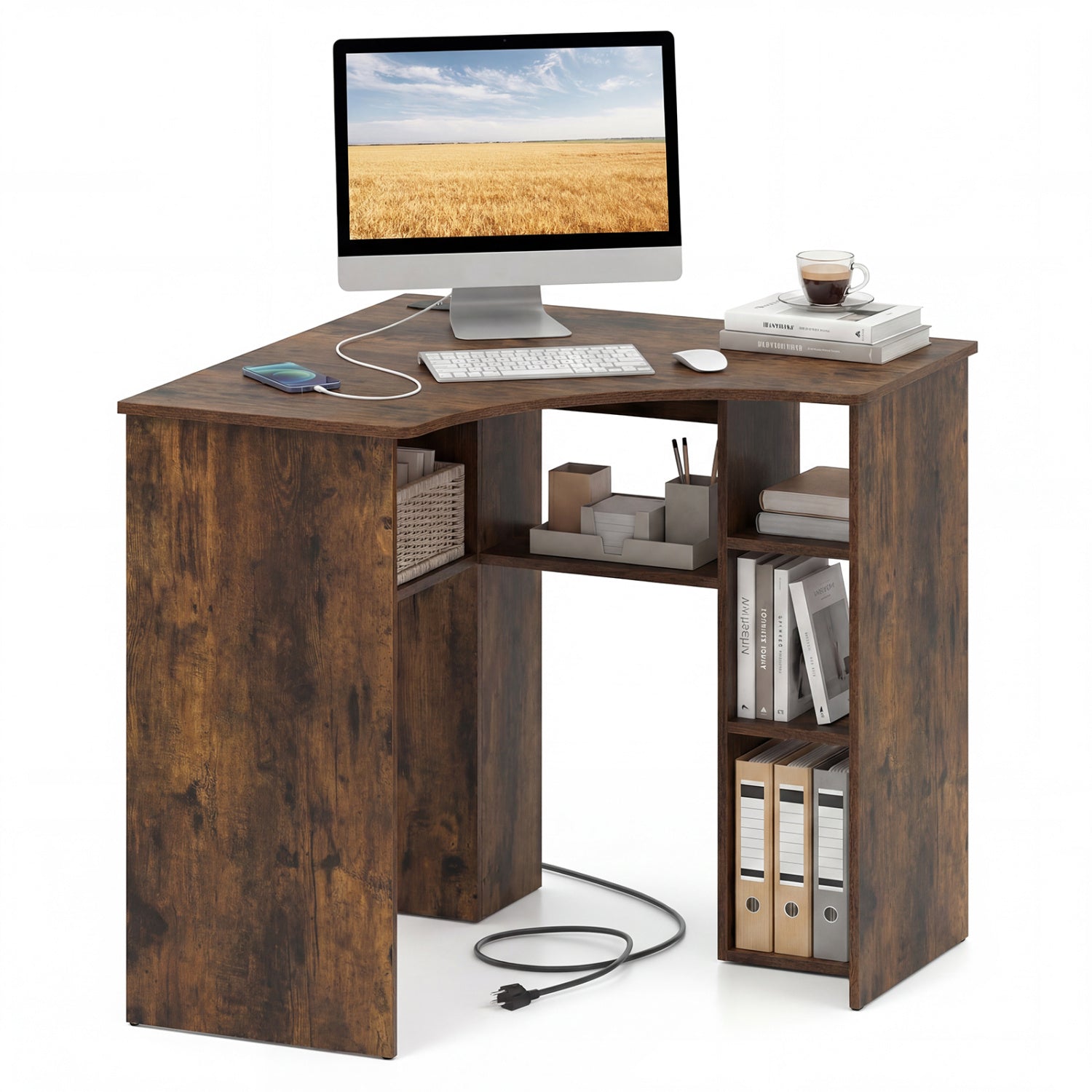 Corner Computer Desk Triangle Home Office Desk with Adjustable Shelf a