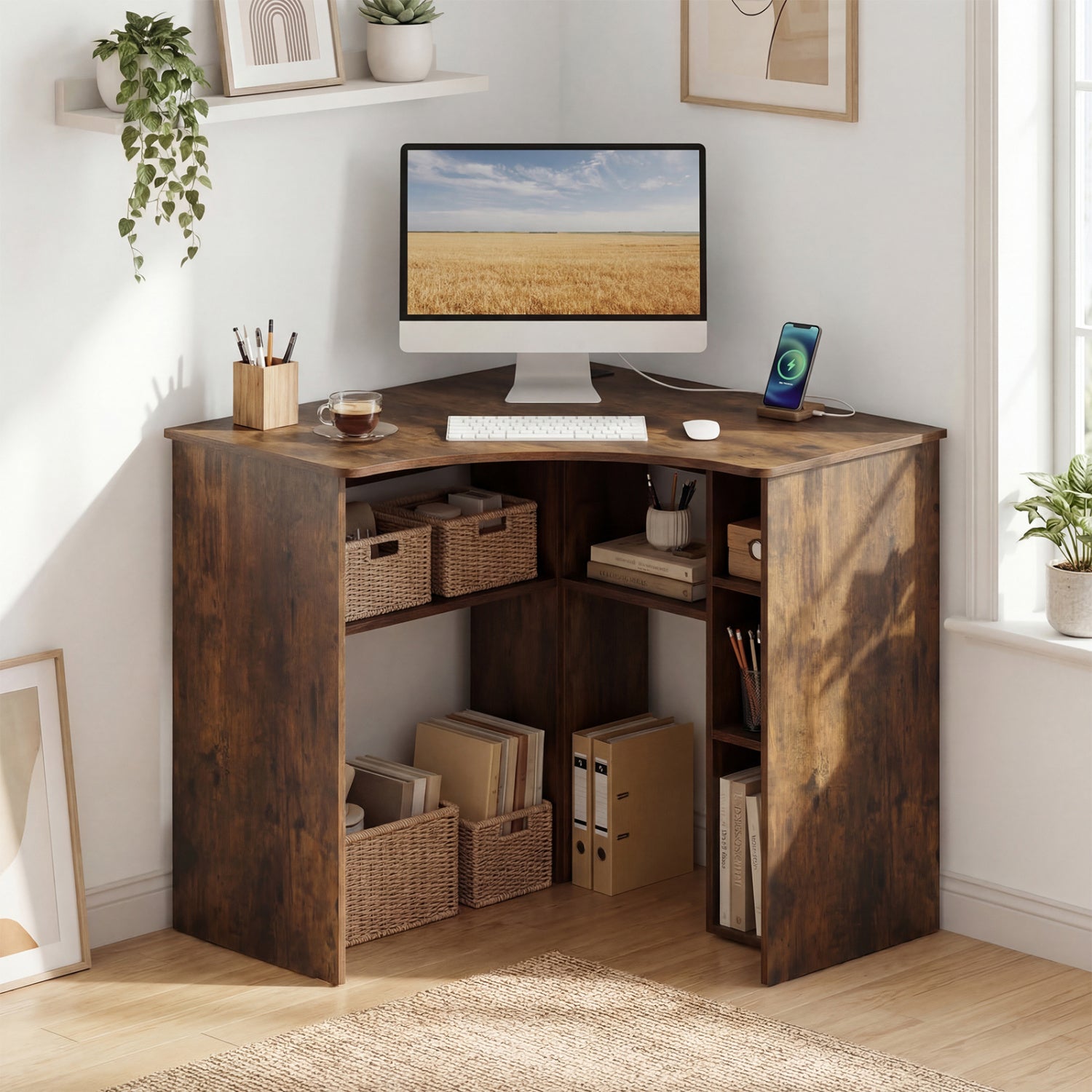 Corner Computer Desk Triangle Home Office Desk with Adjustable Shelf a