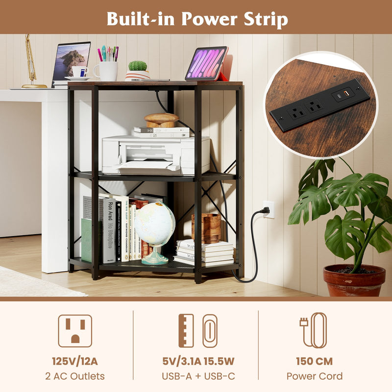 Corner Printer Stand with Power Outlet 3-Tier Storage Rack with Adjustable Shelf-Brown