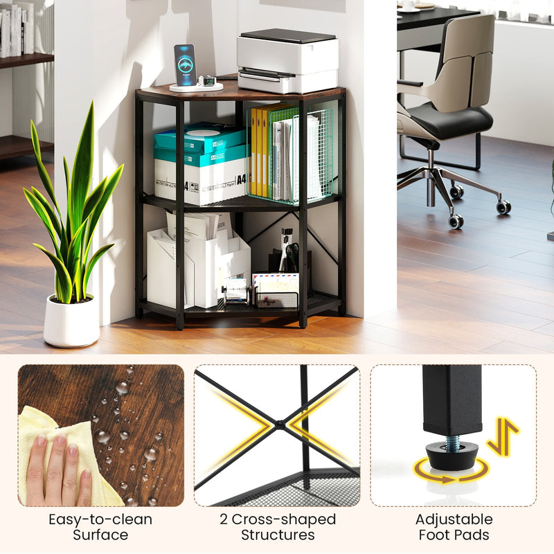 Corner Printer Stand with Power Outlet 3-Tier Storage Rack with Adjustable Shelf-Brown