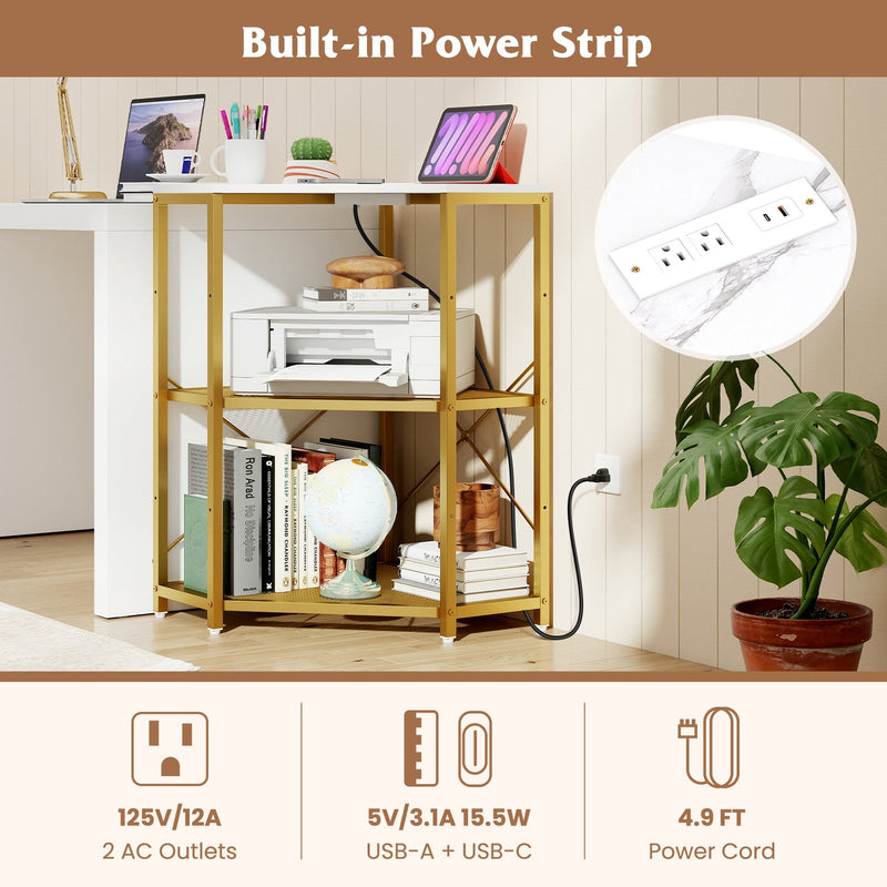 Corner Printer Stand with Power Outlet 3-Tier Storage Rack with Adjustable Shelf-White