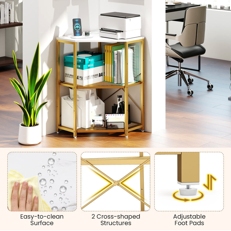 Corner Printer Stand with Power Outlet 3-Tier Storage Rack with Adjustable Shelf-White