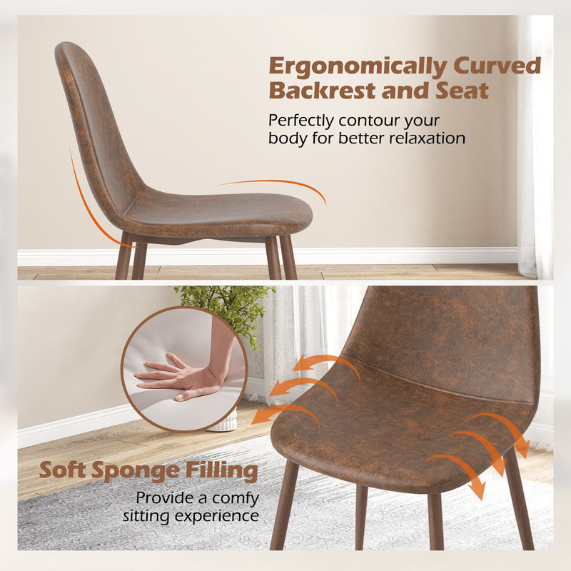 Dining Chair Set of 4 Faux PU Leather Upholstered Kitchen Chairs with Metal Legs-Brown