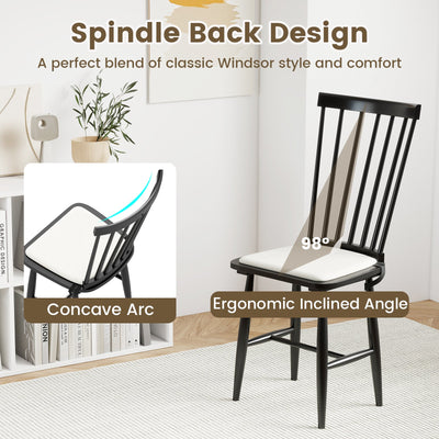 Dining Chairs Set of 2 Farmhouse Solid Rubber Wood Windsor Chairs with Removable Seat Cushions-Black