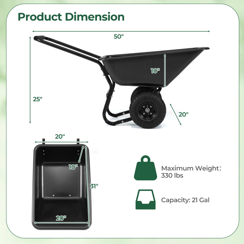 Dual-Wheel Wheelbarrow Garden Utility Cart with Pneumatic Tires-Black